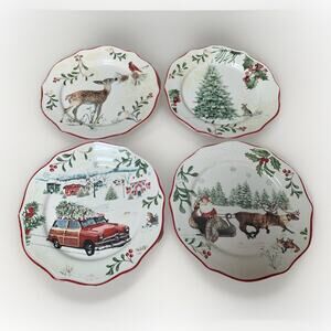 4 Better Homes Gardens Heritage Collection Salad Plates Winter Christmas Wagon